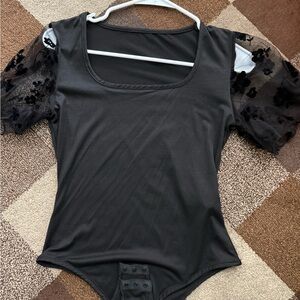 SHEIN Black Bodysuit with Lace Sleeves